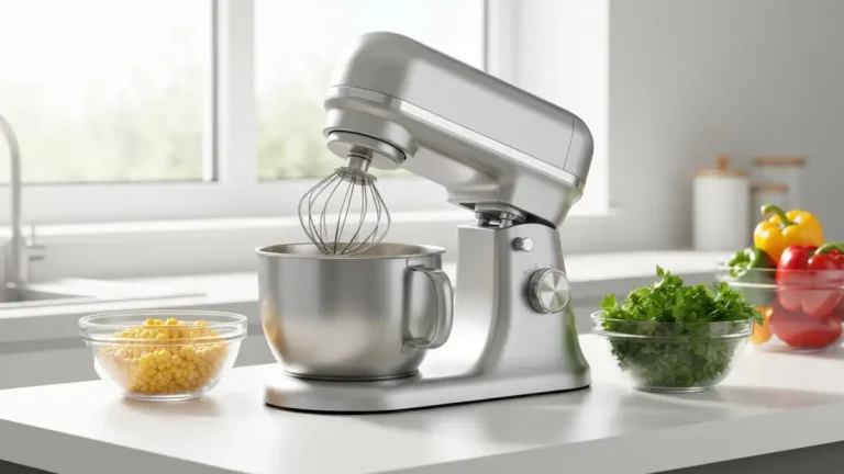 Robot kuchenny z akcesoriami: czarą mieszającą, nożem S, żaluzjami i ściereczką na drewnianym blacie kuchennym