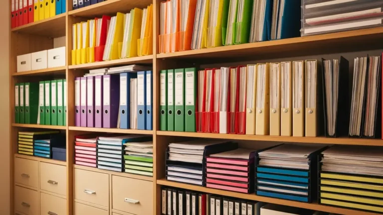 Segregatory i teczki na przechowywanie dokumentów w domu, widok na deskę i dokumenty