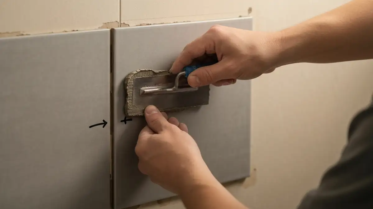 Klejenie płytek ceramicznych krok po kroku – szpachla z kleem nakładana na płytki w łazience