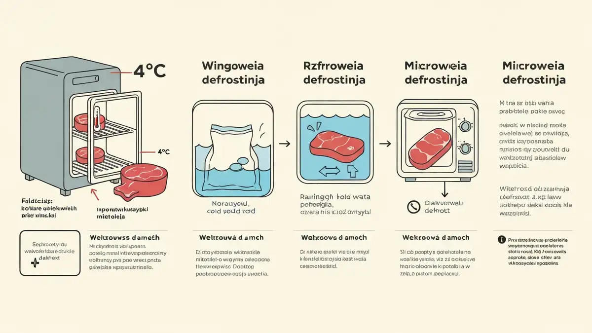 Cztery metody rozmrażania mięsa: w lodówce, w zimnej wodzie, pod bieżącą wodą, w mikrofalówce