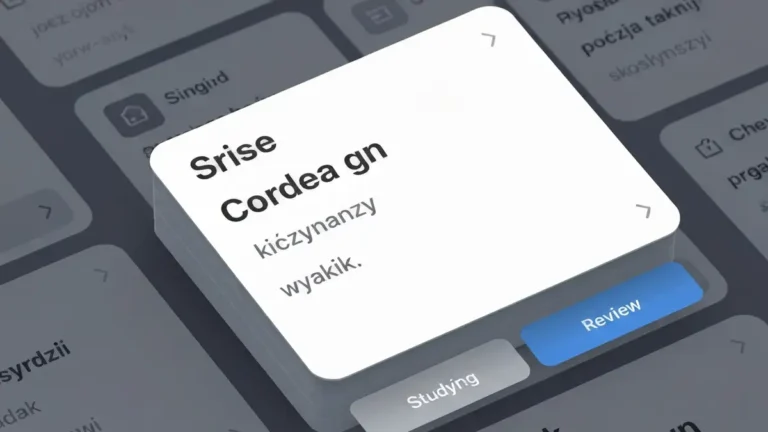 Interfejs aplikacji Anki z kartami fiszek do nauki słownictwa angielskiego, wyświetlającej słowo na przodzie i tłumaczenie na tyle karty