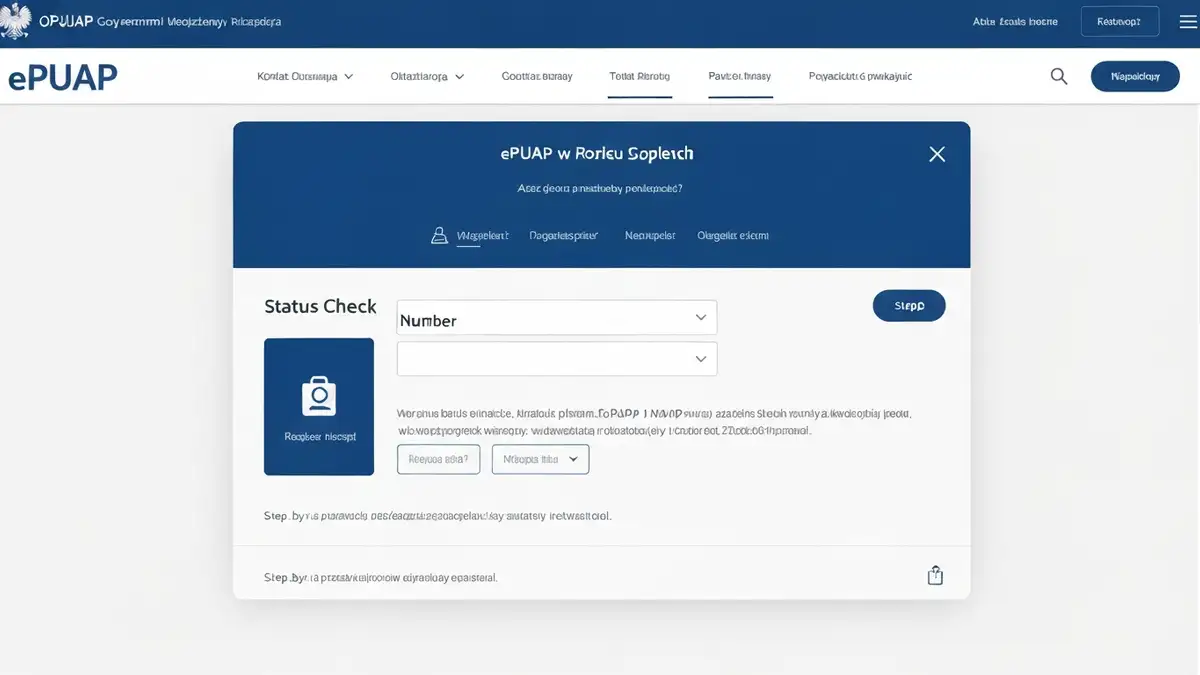 Ekran portalu ePUAP z formularzem sprawdzenia statusu sprawy, pokaz logowania i pola do wpisania numeru sprawy