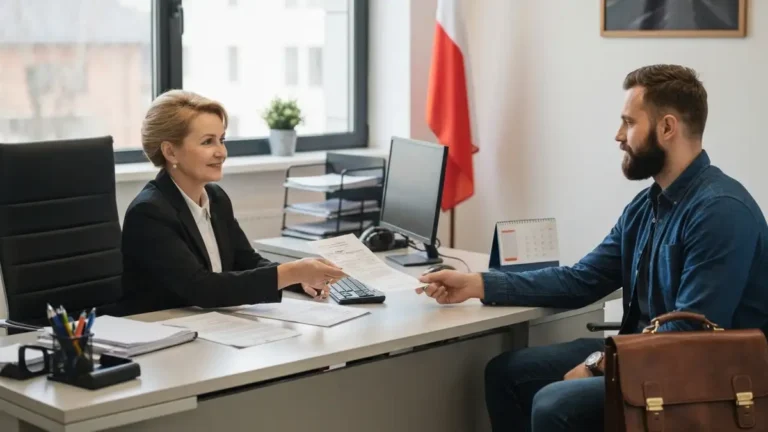Urzędnik w biurze pracy podaje formularz wniosku o zasiłek dla bezrobotnych osobie zasiadającej przy biurku