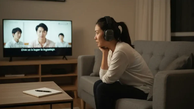 Osoba siedząca na kanapie z słuchawkami, oglądająca serial z napisami na ekranie telewizora, ucząca się języka obcego