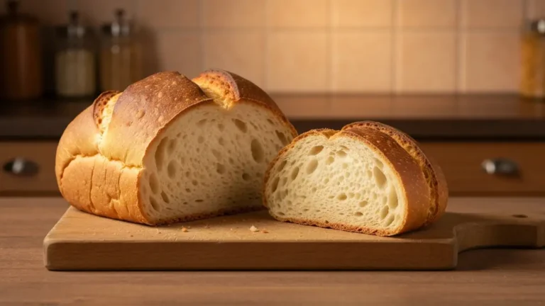 Domowy chleb drożdżowy całą bochenka na drewnianej desce, złoto-brązowy kolor, świeżo upieczony, porcja pokrojona obok