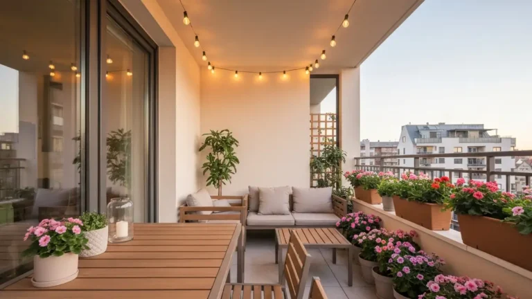 Dobrze urzadzony balkon z kwiatami w donicach, drewnianymi meblami i wiszącym oświetleniem słonecznym