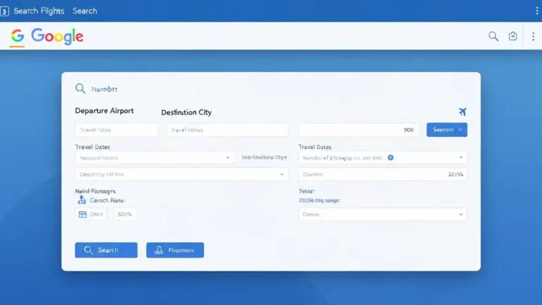 Interfejs Google Flights z wpisanymi danymi wyszukiwania lotu – lotnisko wylotu, destynacja, daty i liczba pasażerów