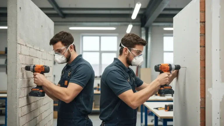 Wiercenie w różnych materiałach – mężczyzna z wiertarką podczas pracy na ścianie