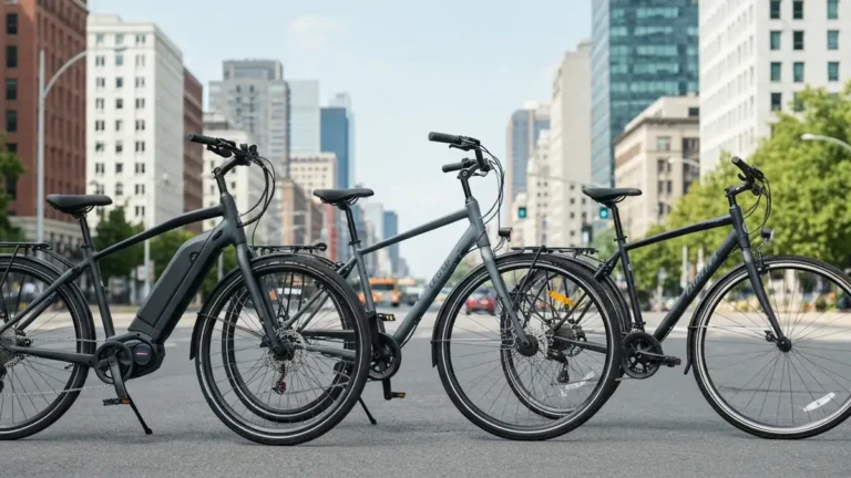 Trzy typy rowerów stojące obok siebie – elektryczny, miejski i crossowy, na tle miasta