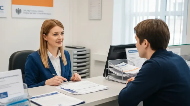 Urzędnik w urzędzie stanu cywilnego wyjaśnia procedurę wymeldowania się z poprzedniego adresu