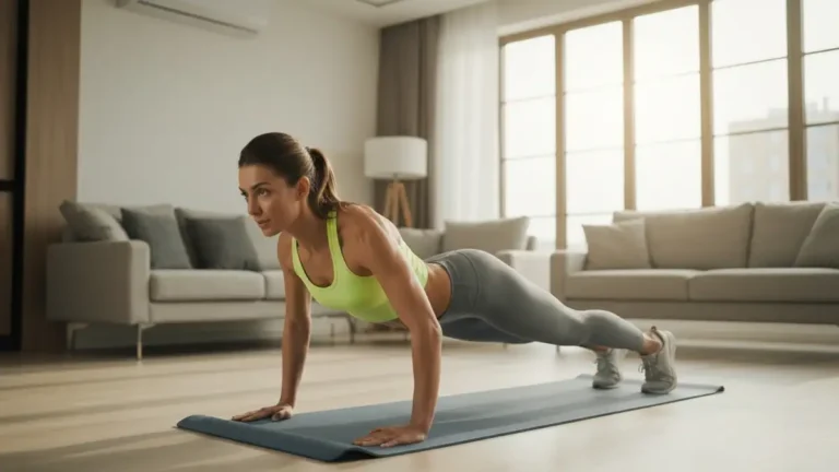 Kobieta ćwicząca w domu na macie fitness, wykonująca pompki, w jasnym, przestronnym salonie