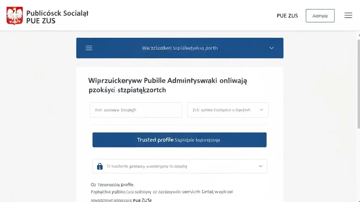 Interfejs logowania do Platformy Usług Elektronicznych ZUS z polem na profil zaufany