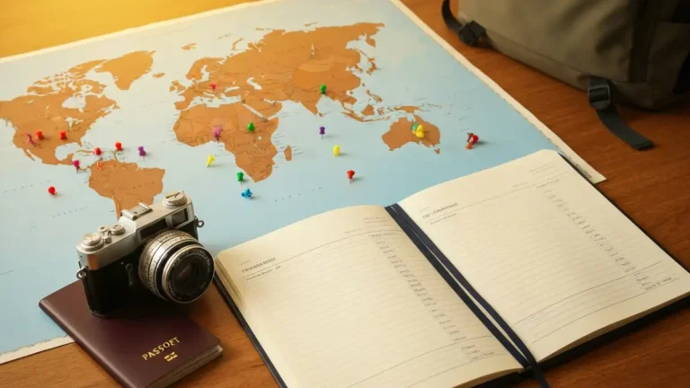 Mapa świata z pinezkami, notatnik budżetowy i aparat fotograficzny na drewnianym stole