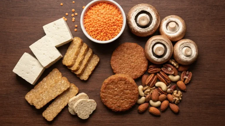 Różnorodne wegańskie i wegetariańskie zamienniki mięsa ułożone na drewnianym stole, w tym tofu, tempeh, soczewica, grzyby portobello, orzechy i gotowe burgers roślinne