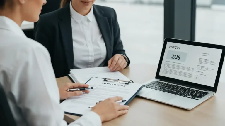 Pracodawca wypełniający dokumenty umowy pracy i formularze ZUS przy biurku