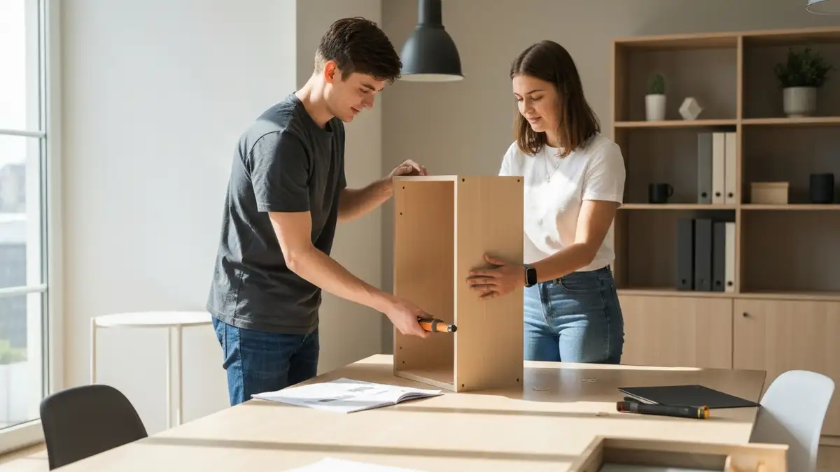 Osoby montujące meble IKEA z wkrętaką i instrukcją montażu na stole