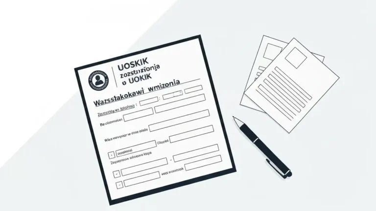 Formularz skargi do UOKiK na biurku z piórem i dokumentami, symbol ochrony konsumenta