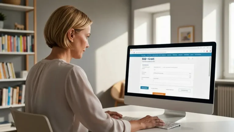 Pracownik biurowy wykonujący złożenie wniosku 500+ przez komputer, portal Emp@tia widoczny na ekranie monitoracji