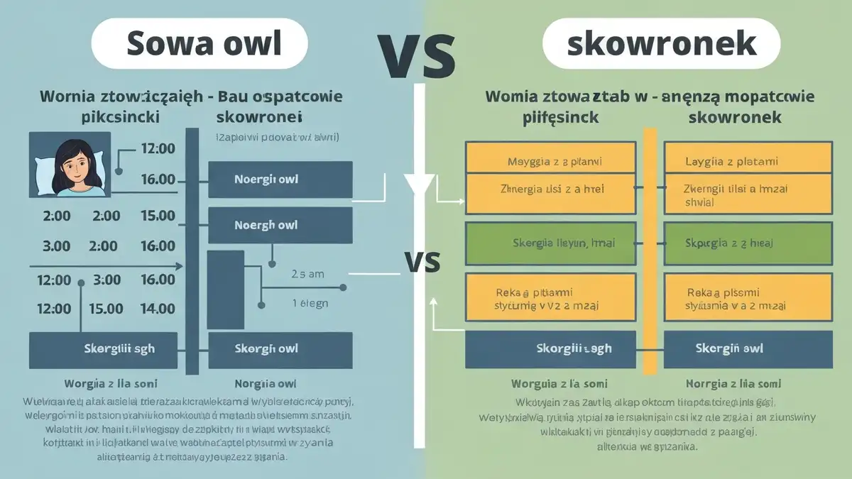 Schematyczne porównanie harmonogramu snu sowy i skowronka - grafika pokazująca godziny snu, przebudzenia i szczytu energii