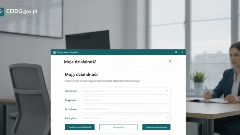 Ekran strony CEIDG.gov.pl z logowaniem i opcjami zmiany wpisu firmy