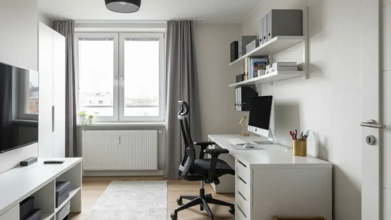 Dobrze zorganizowane domowe biuro w małym mieszkaniu z ergonomicznym biurkiem i krzesłem