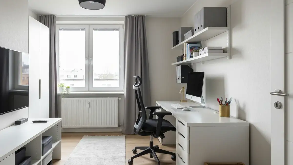 Dobrze zorganizowane domowe biuro w małym mieszkaniu z ergonomicznym biurkiem i krzesłem