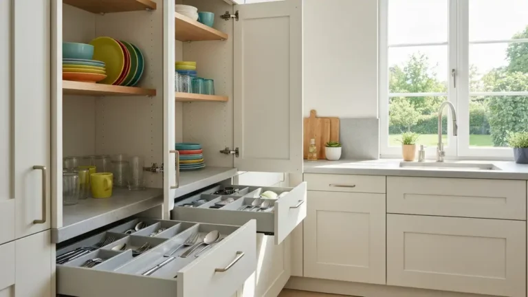 Pięknie zorganizowana kuchnia z szafkami, szufladami i czystym blatem kuchennym