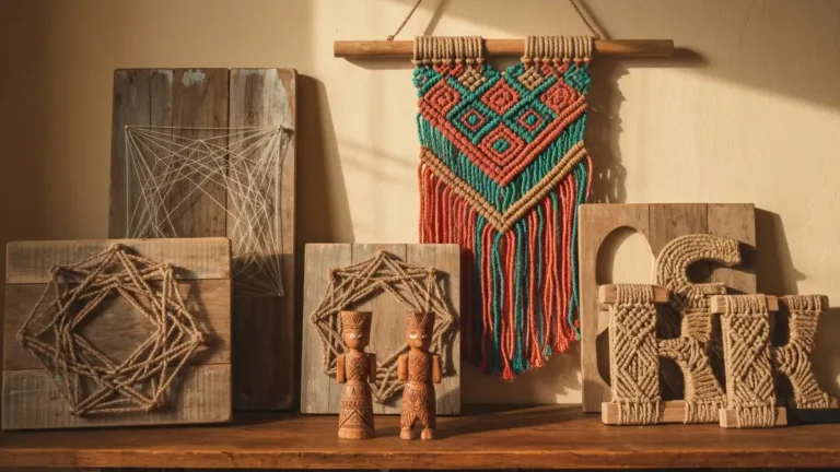 Kolekcja domowych dekoracji DIY ze sznurka i drewna – geometryczne obrazki, makrama i napisy