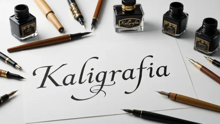 Pięknie napisane słowa 'Kaligrafia' różnymi stylami kaligrafii na białym papierze z piórami kaligraficznymi i atramentem
