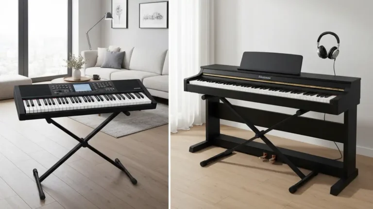 Porównanie keyboard i pianina cyfrowego – dwa instrumenty położone obok siebie w домашним studiu
