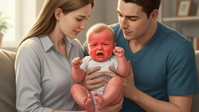 Przestraszonym niemowlęciem trzymanym przez rodziców – ilustracja kolek niemowlęcych