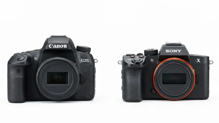Lustrzanka Canon EOS obok bezlusterkowca Sony A6400, porównanie rozmiarów i wyglądu
