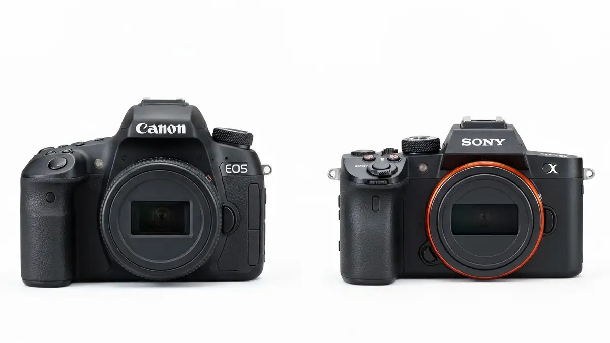 Lustrzanka Canon EOS obok bezlusterkowca Sony A6400, porównanie rozmiarów i wyglądu
