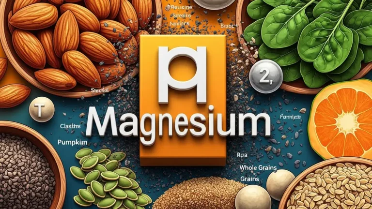 Tablica z napisem 'Magnez' i symbolem pierwiastka chemicznego, owoce bogate w magnez: orzechy, nasiona, zieleń, minerały