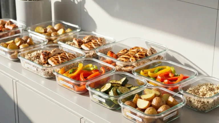 Lunch box z przygotowanymi posiłkami na tydzień, pojemniki ze świeżymi warzywami, mięsem i kaszą, organizacja w lodówce