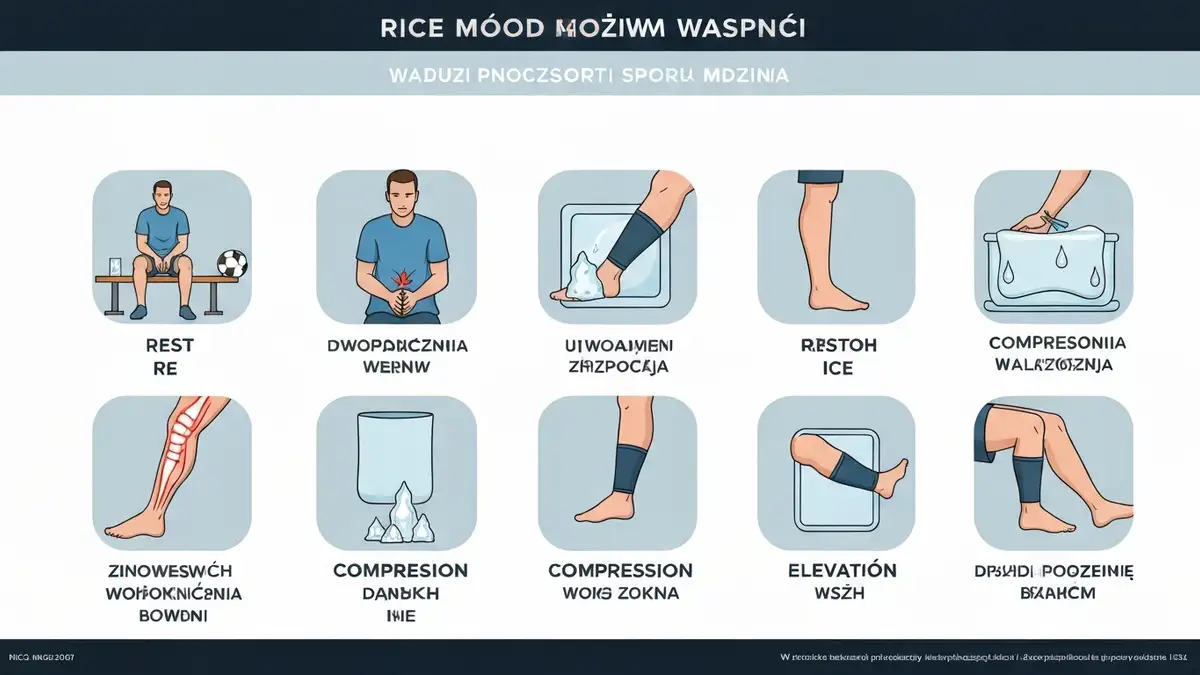 Metoda RICE - grafika pokazująca cztery kroki: odpoczynek, lód, opatrunek uciskowy, uniesienie zranionej części ciała