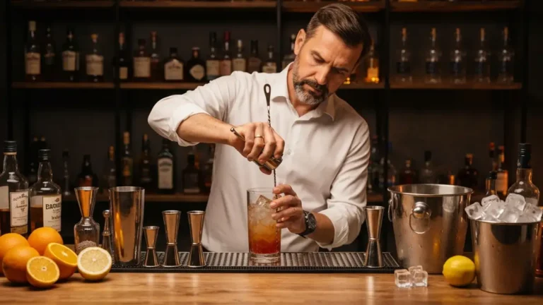 Barman mieszający koktajl w shaker'ze, otoczony narzędziami barmańskimi i butelkami alkoholi