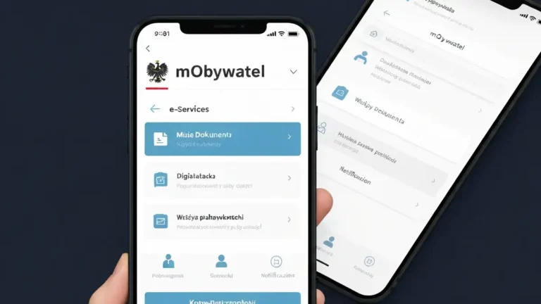 Ekran główny aplikacji mObywatel na smartfonie z widocznym logowaniem i funkcjami dostępu do usług publicznych
