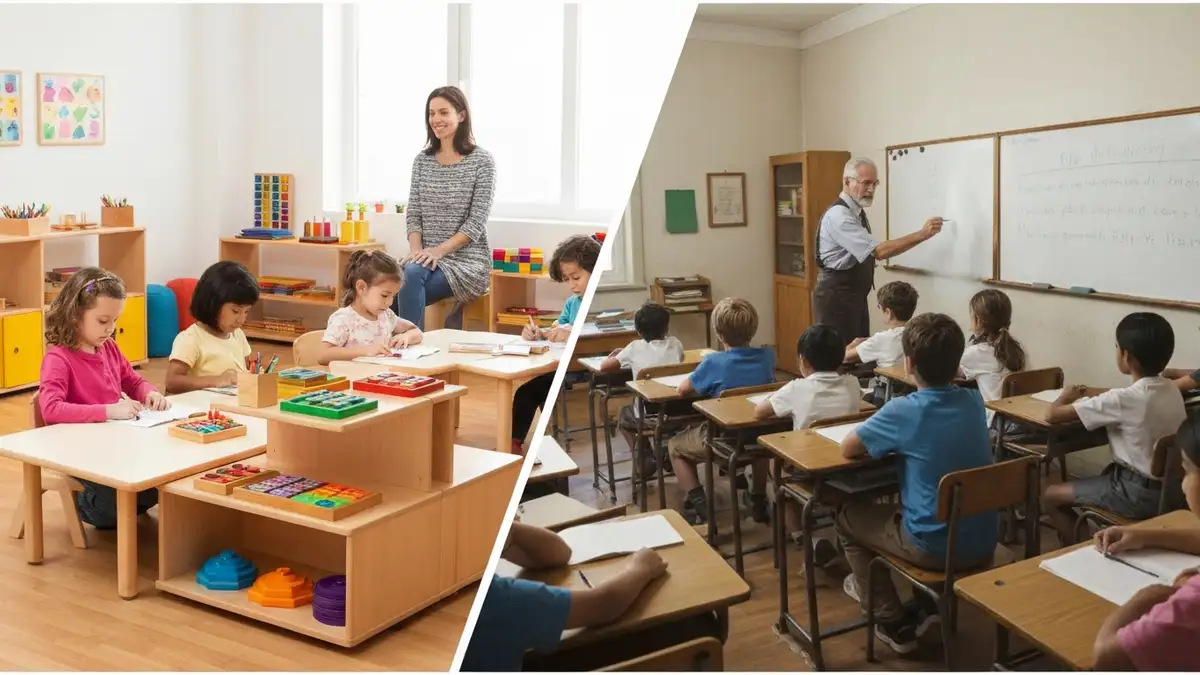 Porównanie dwóch sal lekcyjnych – jedna z metodą Montessori z dziećmi pracującymi samodzielnie, druga tradycyjna szkoła z dziećmi siedzczącymi w ławkach