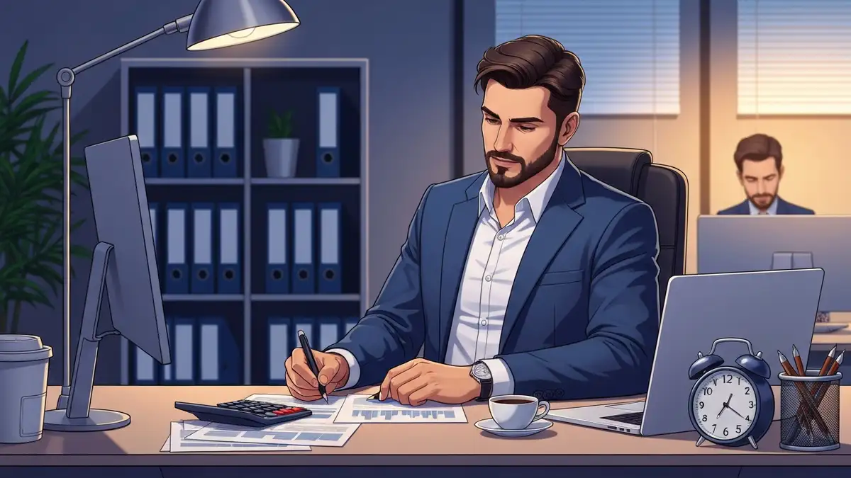Pracownik pracuje przy biurku w godzinach wieczorowych – ilustracja nadgodzin w biurze