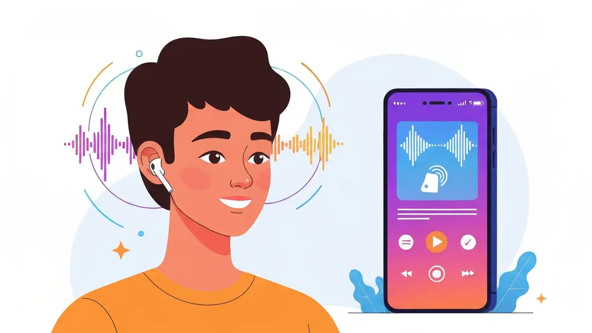 Osoba słuchająca podcastu na słuchawkach bezprzewodowych, na tle widoczny smartphone z aplikacją podcastową i różnokolorowe fale dźwiękowe