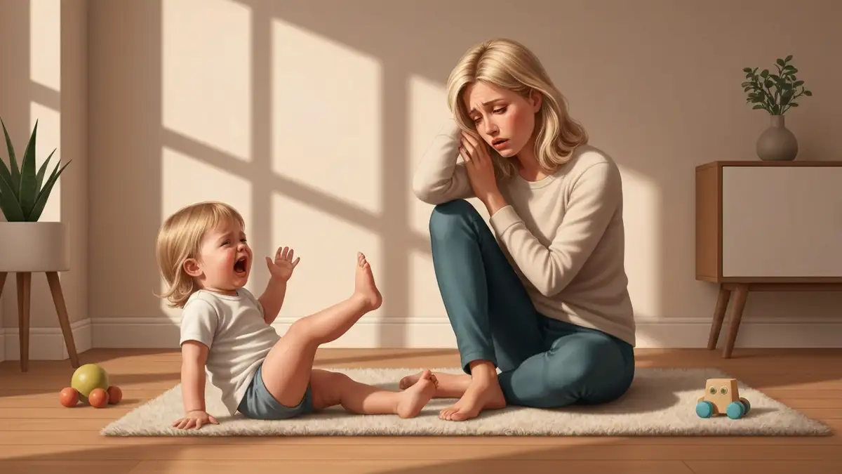 Zmęczona matka siedzi obok małej dziewczynki, która ma napad złości, płacze na podłodze – terrible twos