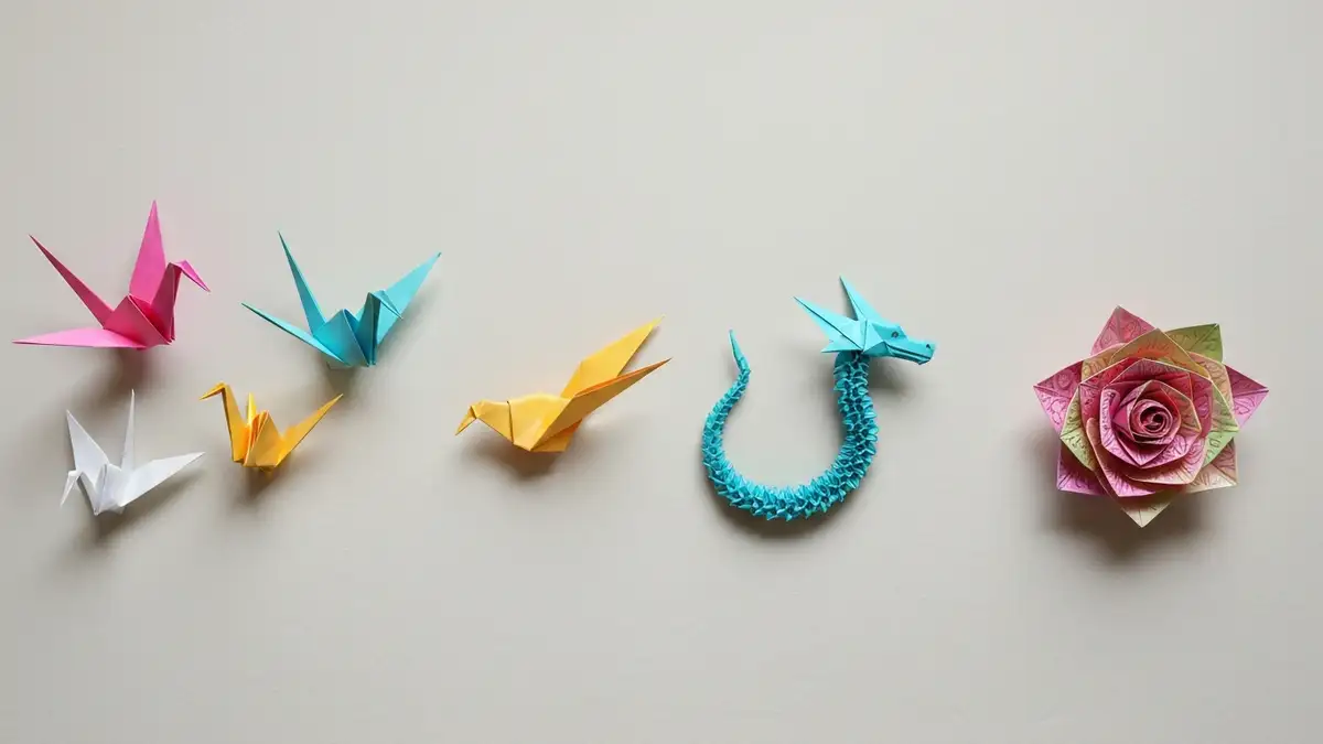 Kolekcja papierowych modeli origami od najprostszych do najtrudniejszych – papierowy ptak, kwiat i smok