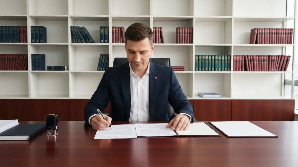 Notariusz przygotowujący pełnomocnictwo przy biurku z dokumentami