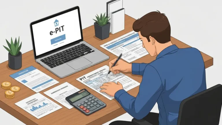 Pracownik wypełniający formularz PIT za dochody zagraniczne – dokumenty na biurku, laptop z e-PIT