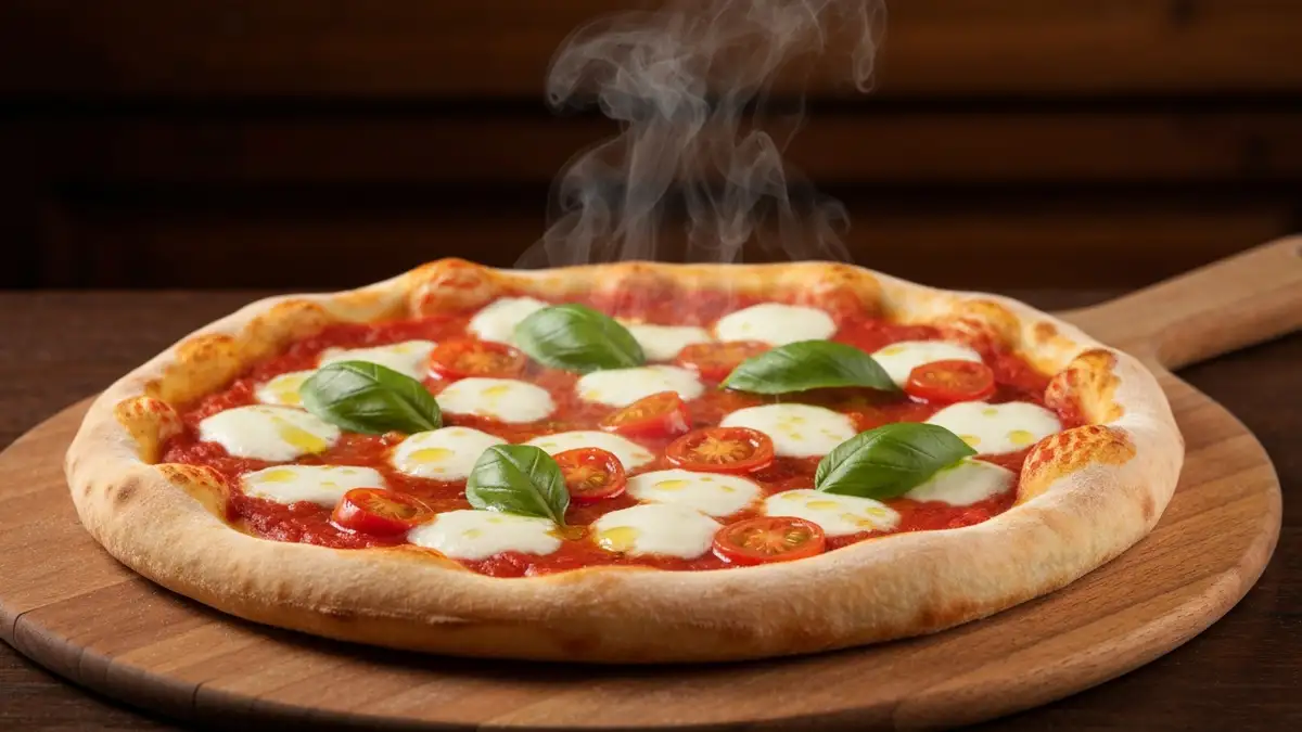 Homemade neapolitan pizza with fresh mozzarella, tomato sauce, basil on wooden surface