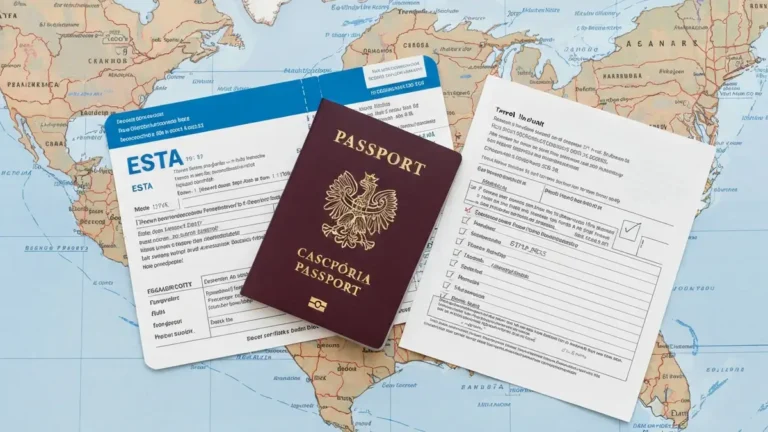 Paszport polski z dokumentami podróżnika leżący na mapie USA – przygotowanie do podróży