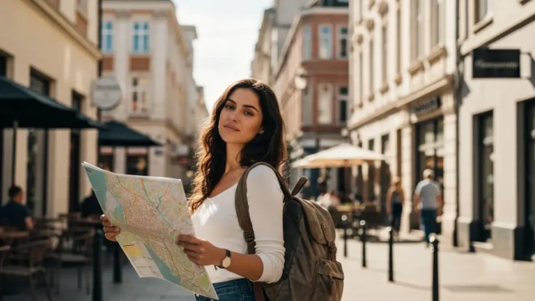 Młoda kobieta w podróży solo, patrzy na mapę miasta z pewnością siebie, trzyma plecak, w słonecznym mieście