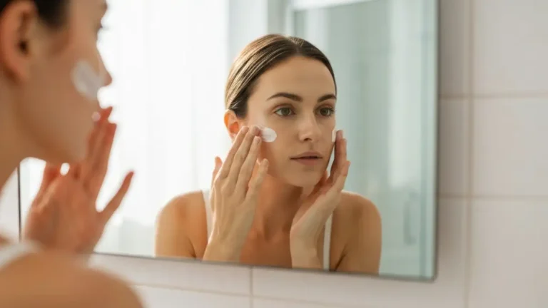 Kobieta nakładająca krem do twarzy w ramach codziennej rutyny skincare, piękna skóra, lustro w łazience