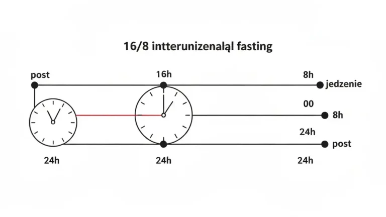 Infografika pokazująca schemat posту 16/8 z 16 godzinami głodzenia i 8 godzinnym oknem jedzenia